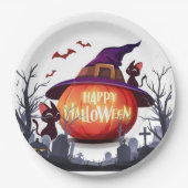 Halloween Pumpkin, Cats & Witch Ha ペーパープレート (正面)