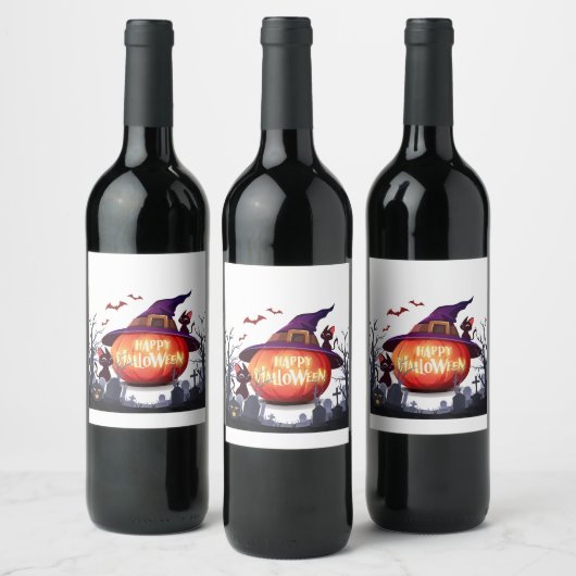 Halloween Pumpkin, Cats & Witch Ha ワインラベル (ボトル)