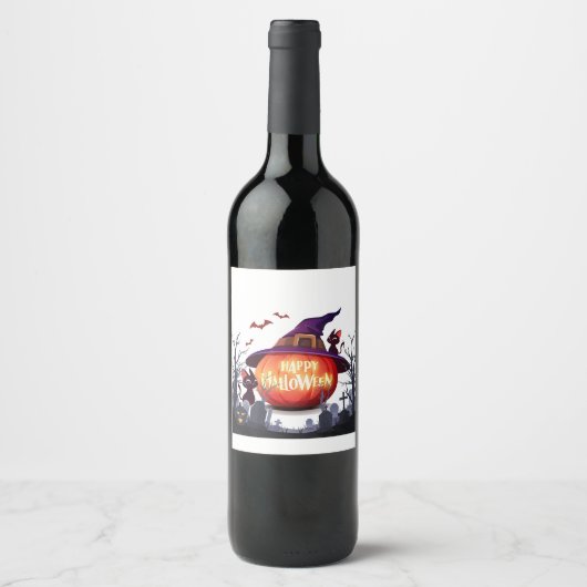 Halloween Pumpkin, Cats & Witch Ha ワインラベル (正面)