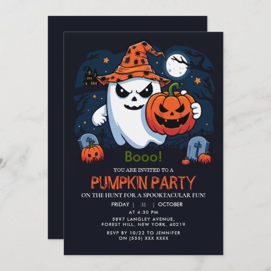 Halloween Pumpkin Ghost 招待状 (正面/裏面)