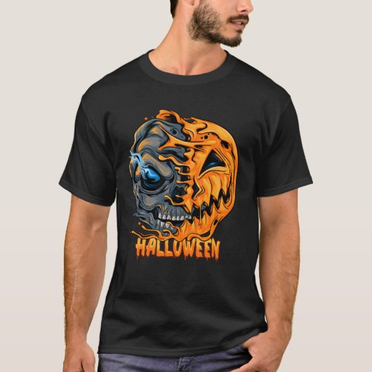 Halloween pumpkin half skull looks spooky and cool tシャツ (正面)