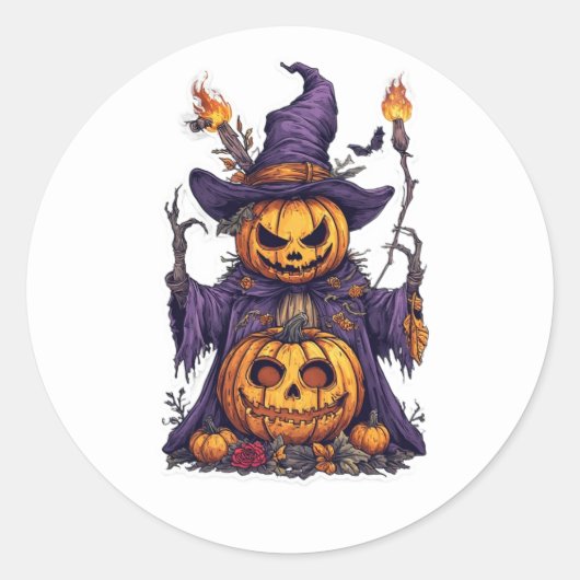 Halloween Pumpkin Scarecrow Witch Magic Flames Got ラウンドシール (正面)