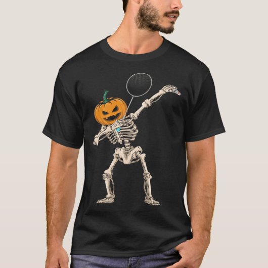 Halloween Pumpkin Skeleton Badminton Dabbing Tシャツ (正面)