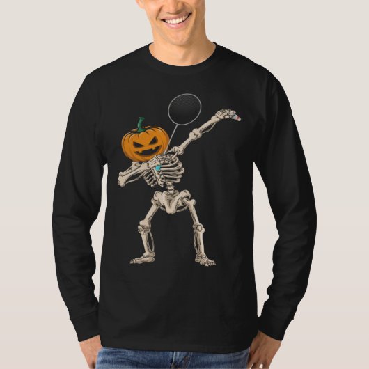 Halloween Pumpkin Skeleton Badminton Dabbing Tシャツ (正面)