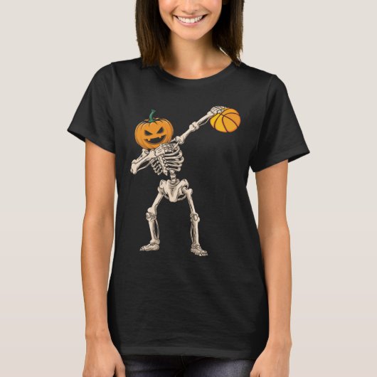 Halloween Pumpkin Skeleton Basketball Dabbing Tシャツ (正面)
