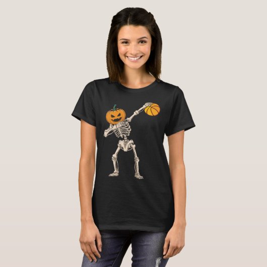 Halloween Pumpkin Skeleton Basketball Dabbing Tシャツ (正面フル)