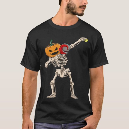Halloween Pumpkin Skeleton Pickleball Dabbing Tシャツ (正面)