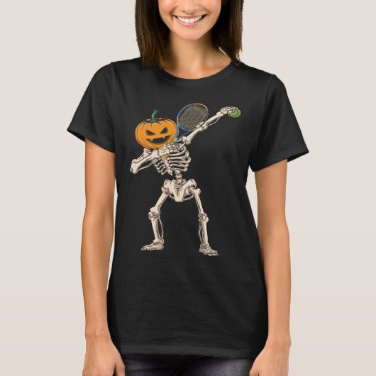 Halloween Pumpkin Skeleton Tennis Dabbing Tシャツ (正面)