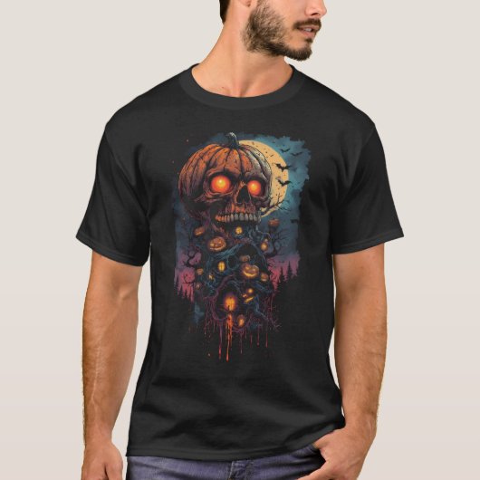 Halloween pumpkin skull with evil glowing eyes tシャツ (正面)
