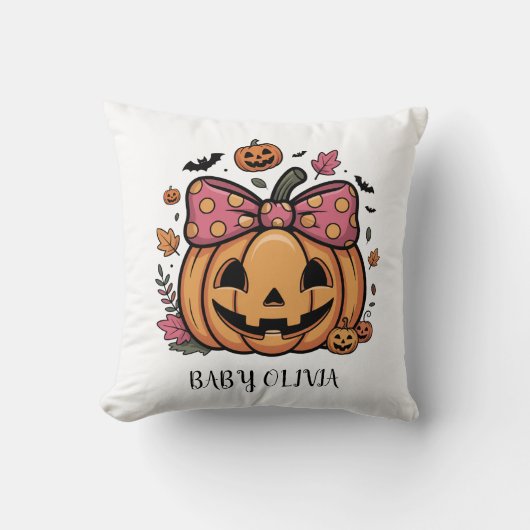 halloween pumpkin with bow Pillow for baby girl クッション (正面)