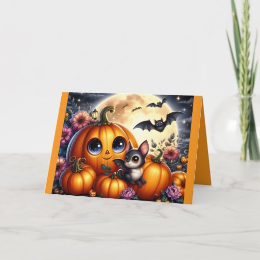 Halloween Pumpkins And Bats Greeting Card カード (正面)
