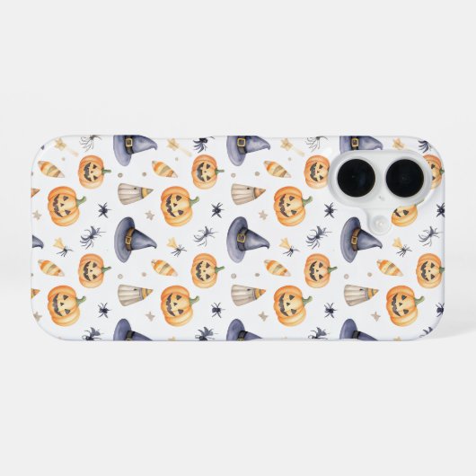 Halloween Pumpkins and Witch Hats Pattern iPhone 16ケース (裏面横)