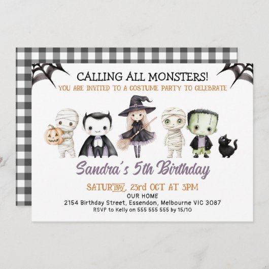 Halloween Purple Calling All Monsters Birthday 招待状 (正面/裏面)