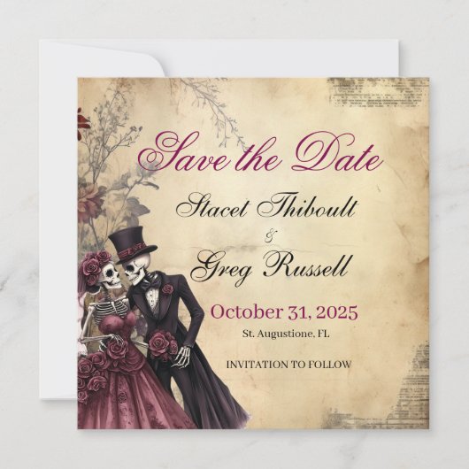 Halloween Rustic Gothic Skeleton Save the Date  招待状 (正面)