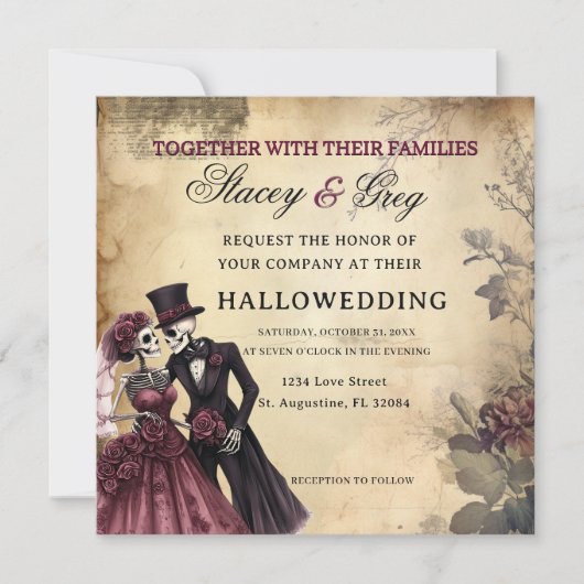Halloween Rustic Gothic Skeleton Wedding  招待状 (正面)
