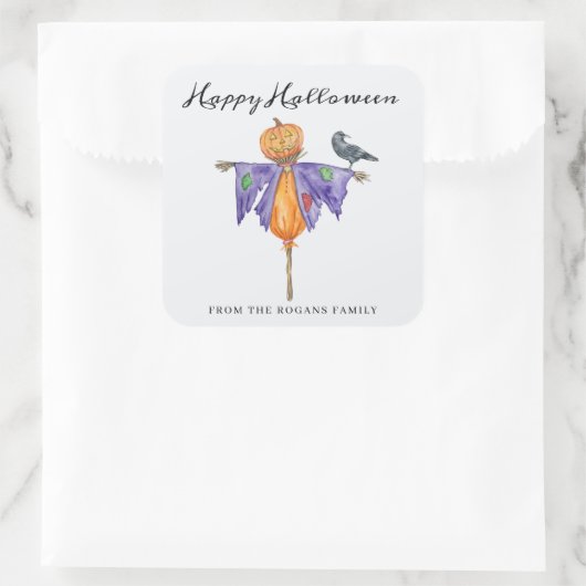 Halloween Scarecrow with Pumpkin スクエアシール (バッグ)