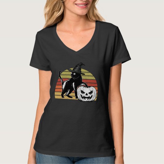 Halloween Scary Black Cat Witch Hat Pumpkin JackOL Tシャツ (正面)