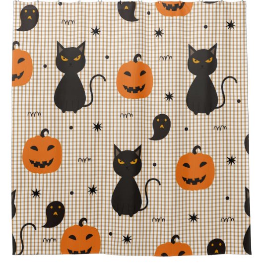 Halloween seamless pattern with black cat and ghos シャワーカーテン (正面)