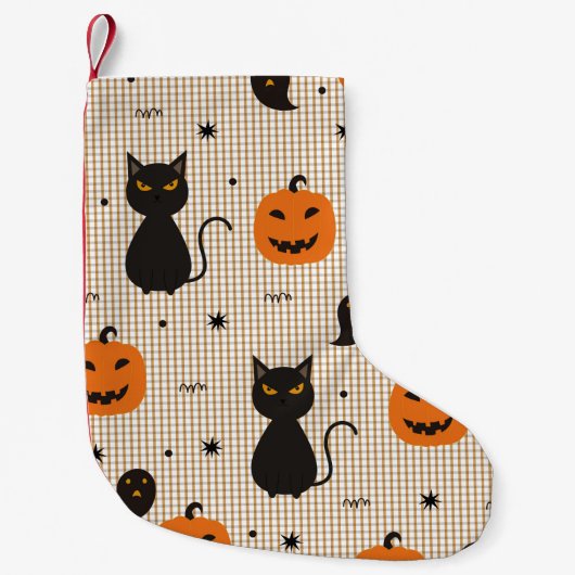 Halloween seamless pattern with black cat and ghos スモールクリスマスストッキング (正面)