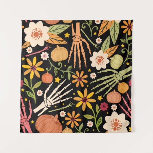 Halloween seamless pattern with bones and floral e タペストリー (正面)