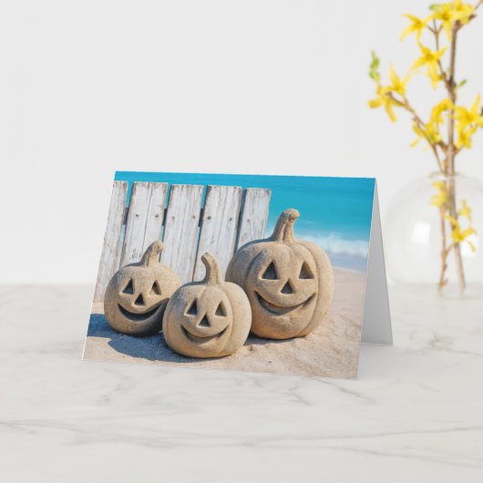 Halloween Seashore Sand Jack o' Lanterns カード (黄色い花)