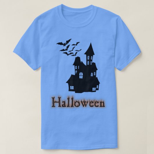 Halloween Shirt Haunted House and Bats Happy Hallo Tシャツ (デザイン正面)