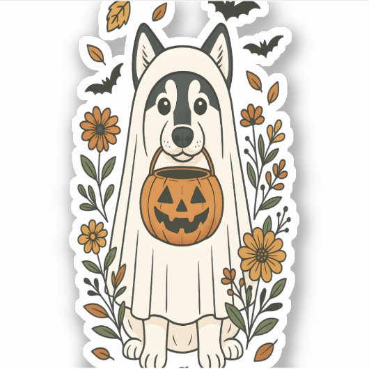Halloween Siberian Husky Flowers シール (正面)