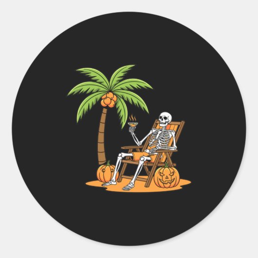 Halloween Skeleton Beach Vacation Palm Tree Pumpki ラウンドシール (正面)