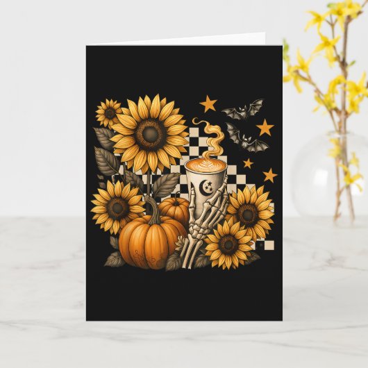 Halloween Skeleton Coffee, Soky Sunflowers Pumpkin カード (黄色い花)