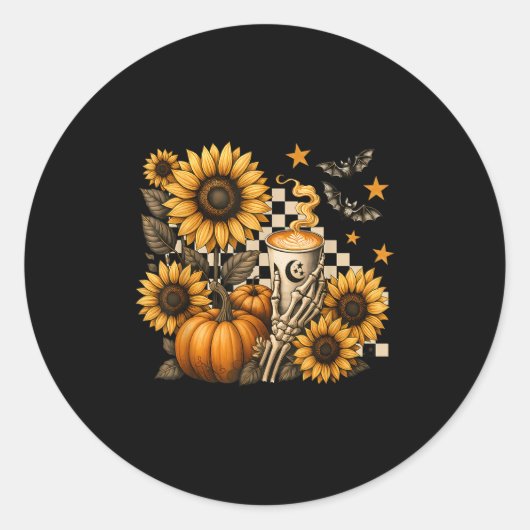 Halloween Skeleton Coffee, Soky Sunflowers Pumpkin ラウンドシール (正面)