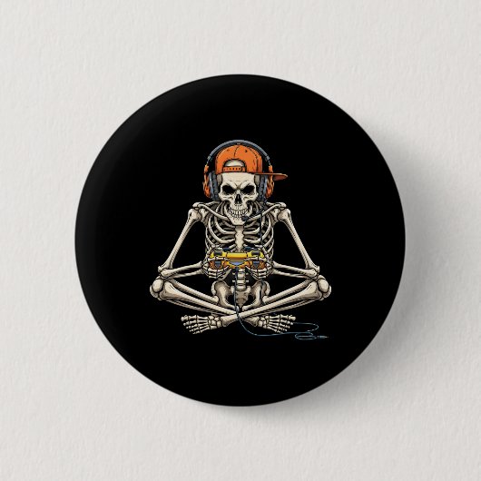 Halloween Skeleton Gamer Video Gaming Funny Gaming 缶バッジ (正面)