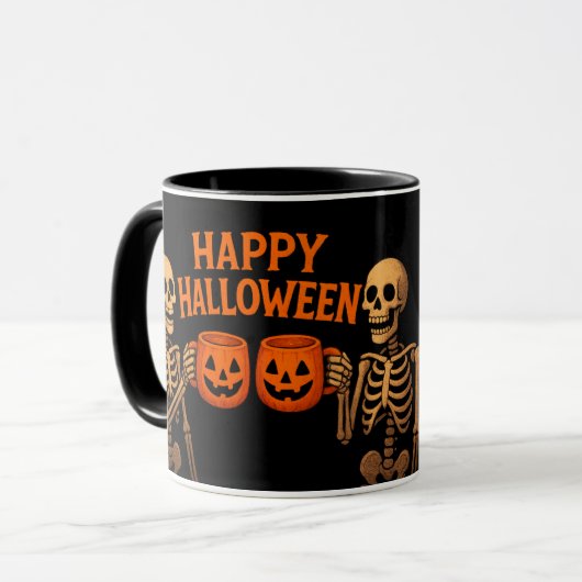 "Halloween Skeleton Mug with Pumpkin Cups – Spooky マグカップ (正面左)