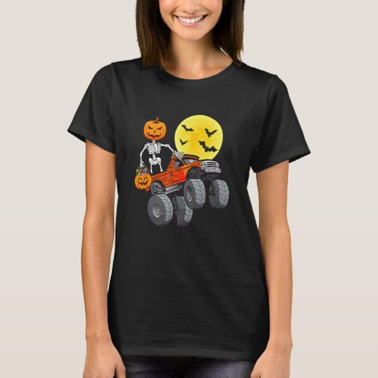 Halloween Skeleton Riding Monster Truck Toddler Bo Tシャツ (正面)