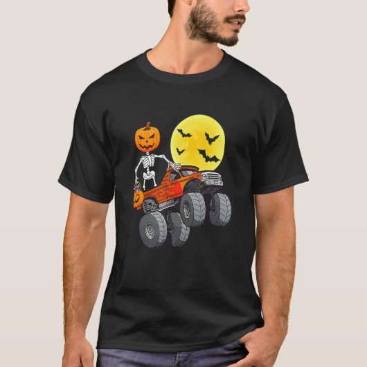 Halloween Skeleton Riding Monster Truck Toddler Bo Tシャツ (正面)