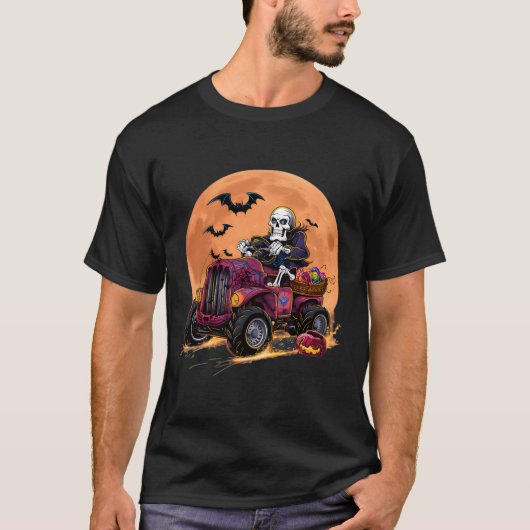 Halloween Skeleton Riding Monster Truck Toddler Bo Tシャツ (正面)