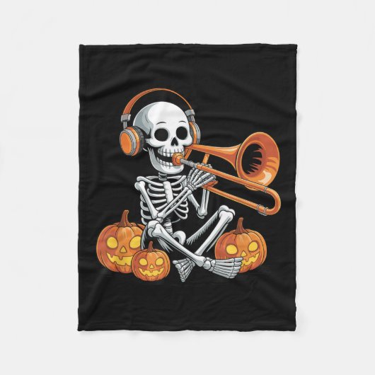 Halloween Skeleton Trombone Trombonist  フリースブランケット (正面)