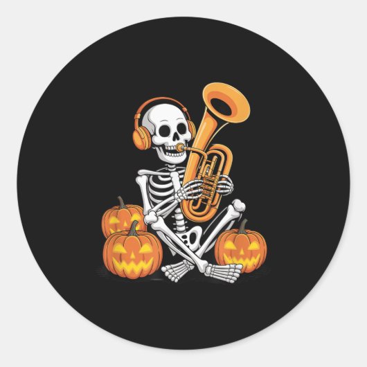 Halloween Skeleton Tuba Tubist ラウンドシール (正面)