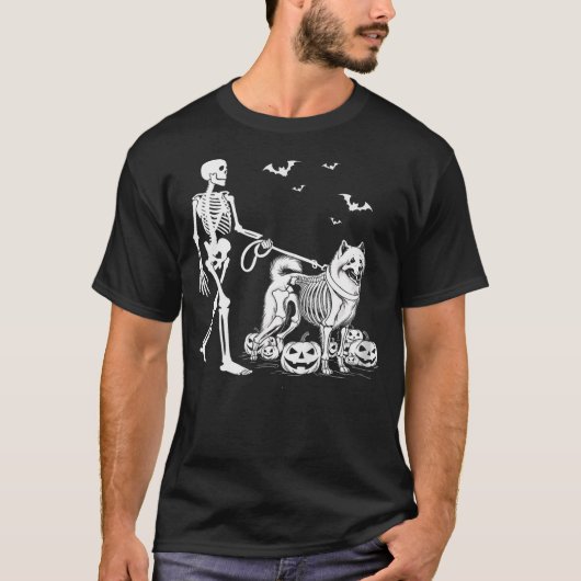 Halloween Skeleton Walking Samoyed Dog Tシャツ (正面)
