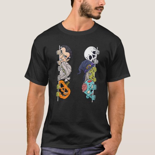 Halloween Skeleton Witch Peeking Zombie Mummy Kids Tシャツ (正面)