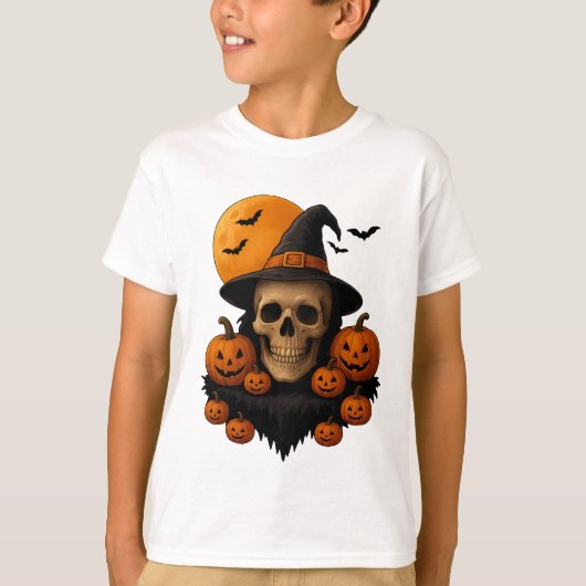 Halloween Skull With Pumpkins and Witch Hat T-Shir Tシャツ (正面)