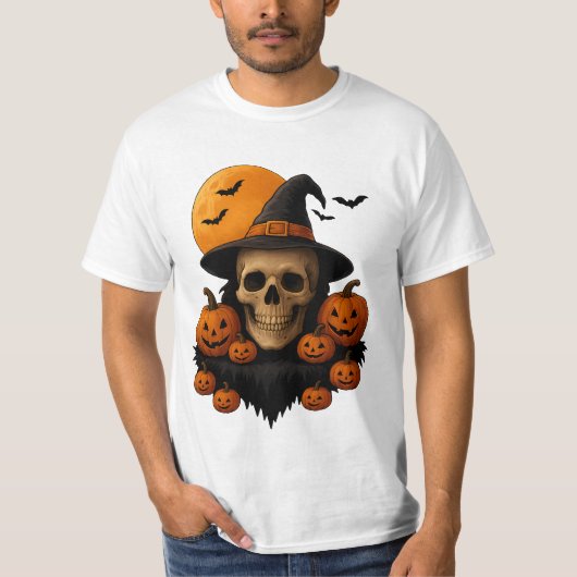 Halloween Skull With Pumpkins and Witch Hat T-Shir Tシャツ (正面)