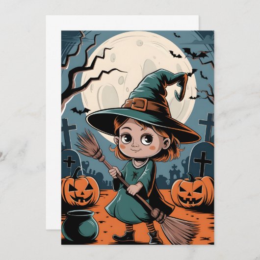 Halloween - sorcière à balai 招待状 (正面/裏面)