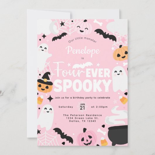Halloween Spooky Ghost Pink 4th Birthday Party 招待状 (正面)