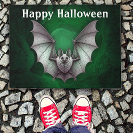 Halloween Spooky Grey Flying Bat Green Cave ドアマット