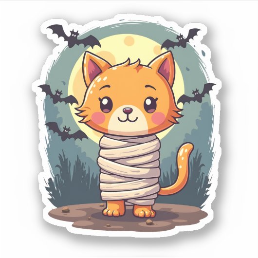Halloween Spooky Mummy Cat and Pumpkin Halloween シール (正面)