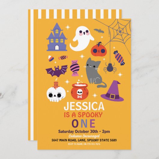 Halloween Spooky ONE 1st Birthday Party 招待状 (正面/裏面)