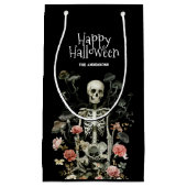 Halloween Spooky Skeleton Pink Floral Black スモールペーパーバッグ (正面)