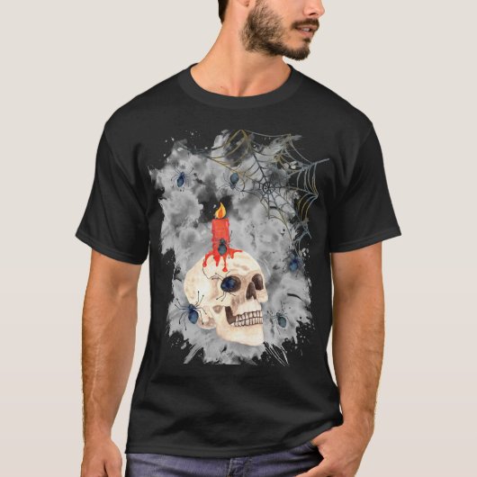 Halloween Spooky Skull, Candle, Spiders & Webs Tシャツ (正面)