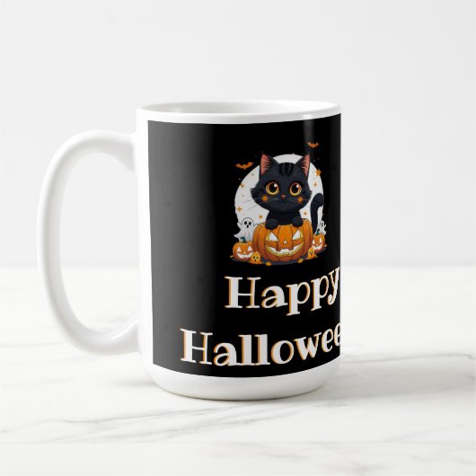 Halloween spooky spirit with adorable black cat コーヒーマグカップ (左)