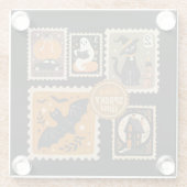 Halloween Spooky Time Postal Stamps Ghosts Bat Cat ガラスコースター (裏面)